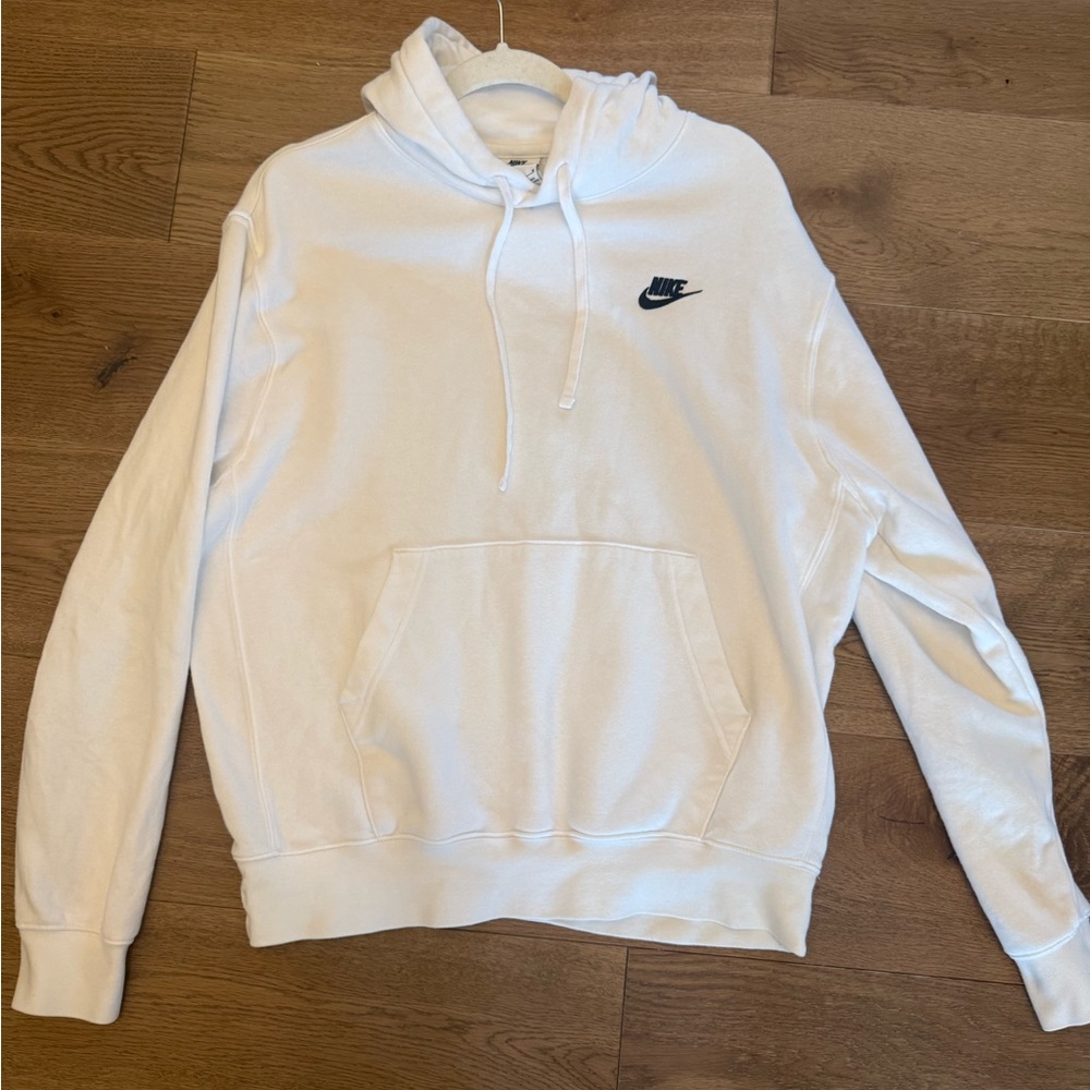 Men’s Nike White Crewneck Pullover Hoodie with Small Black Swoosh